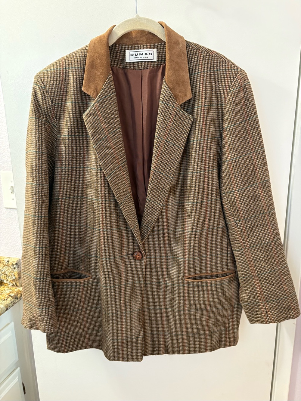 Dumas Men’s Brown Tweed Blazer with Suede Collar (VINTAGE) PTP 22/Length 29